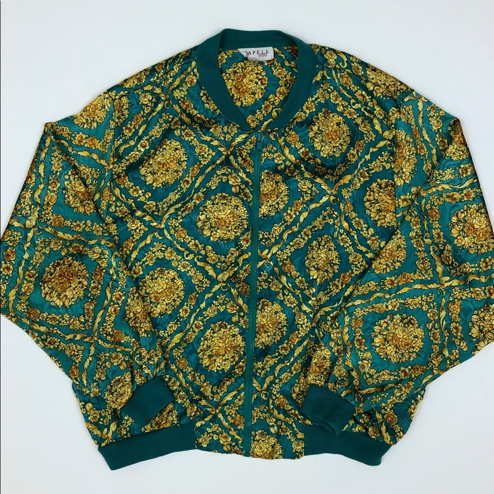 Vintage Papell Too Green Satin Gold Bomber Jacket